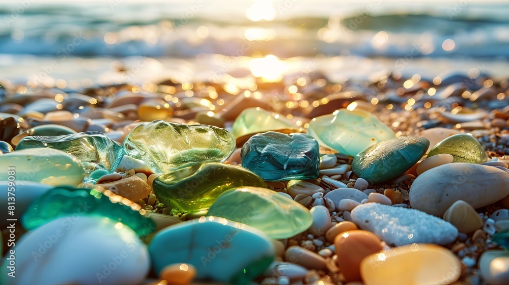 Colorful gemstones on a beach. Polish textured sea glass and stones on the seashore. Green, blue shiny glass with multi-colored sea pebbles close-up. 