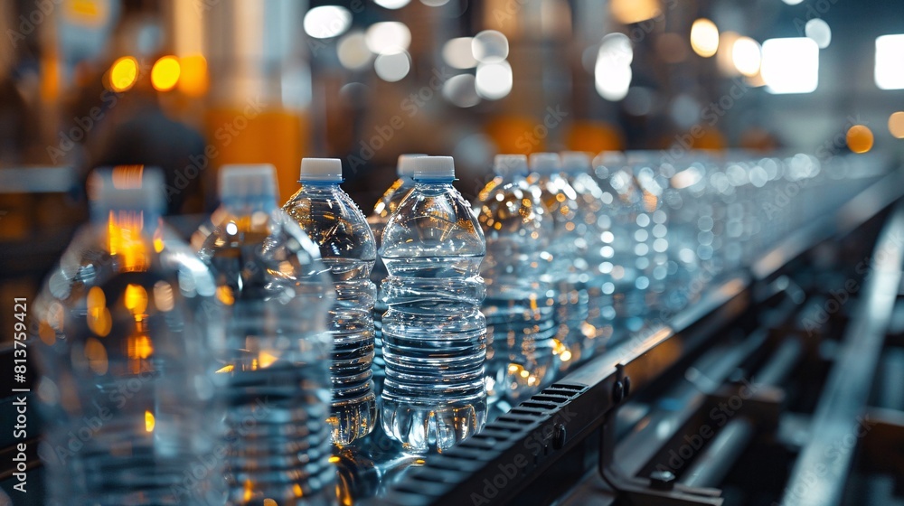 Plastic water bottles on conveyor, close-up, industrial