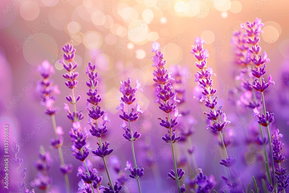 A field of purple lavender flowers with a bright orange background. The flowers are in full bloom and are arranged in a way that creates a sense of depth and movement A field of purple lavender flowers with a bright orange background. The flowers are in full bloom and are arranged in a way that creates a sense of depth and movement