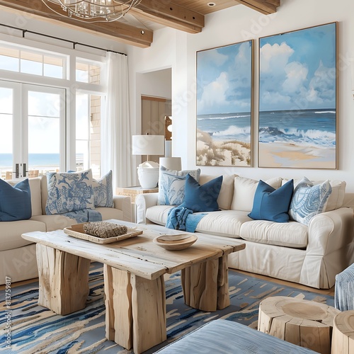 A coastal living room with wooden furniture large sofas in light wood and blue accents photo