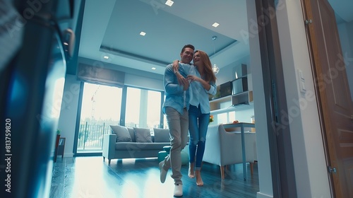 Family New Home Moving in Happy and Excited Young Couple Enter Newly Purchased Apartment Beautiful Family Happily Embracing Modern Home Ready for Decorations Mortgage Loan Investment C : Generative AI photo