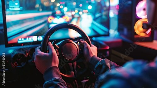 Gamer playing pc game with racing wheel controller. Race simulator with steering wheel. © Shahriyar