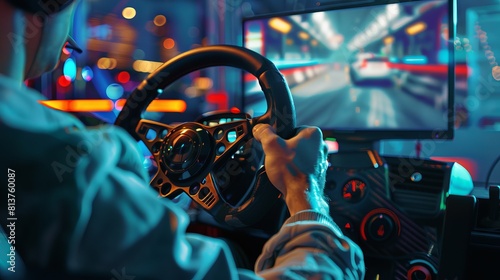 Gamer playing pc game with racing wheel controller. Race simulator with steering wheel.