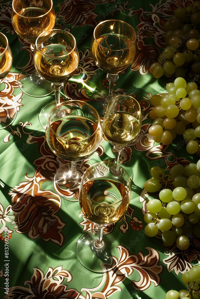 Naklejka premium vibrant and dynamic composition featuring various glasses of white wine and green grapes, against the backdrop of an patterned tablecloth in shades of green and crimson