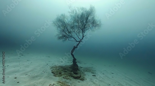   A lone tree atop a sandy sea bottom  surrounded by clear water and devoid of foliage