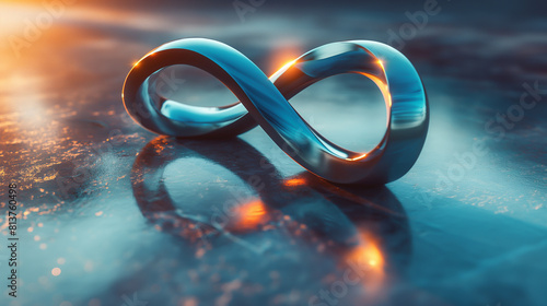3D rendering of infinity symbol made of shiny metal on reflective surface with blurred lights in background. photo