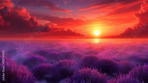  A painting portrays a sunset over a lavender field with the distant sun descending and cloudy skies