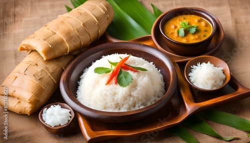 Popular traditional South Indian food cooked tapioca  cassava root  mandioca  aipim with grated coconut in earthen ware Kerala, India. root vegetable Brazil. served with Fish curry, chutney
 photo