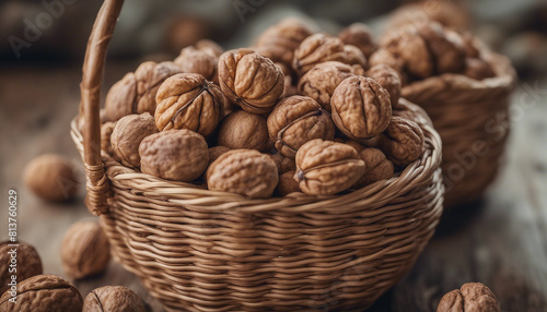 Shelled walnuts in the basket. Natural and organic village walnuts. There is also some shelled almon 