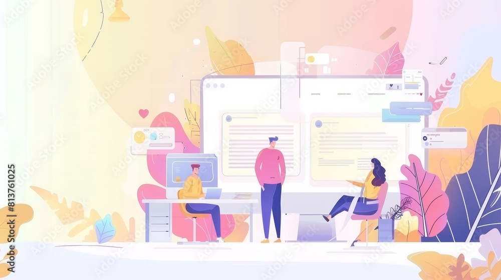 In business, the concept of teamwork, support, and communication is important. This design features a modern banner of a creative team with a flat illustration of an office worker. In business, the concept of teamwork, support, and communication is important. This design features a modern banner of a creative team with a flat illustration of an office worker.