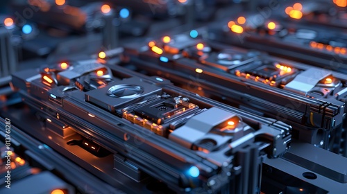 Battery modules on a conveyor belt, industrial manufacturing concept, on a dark background.