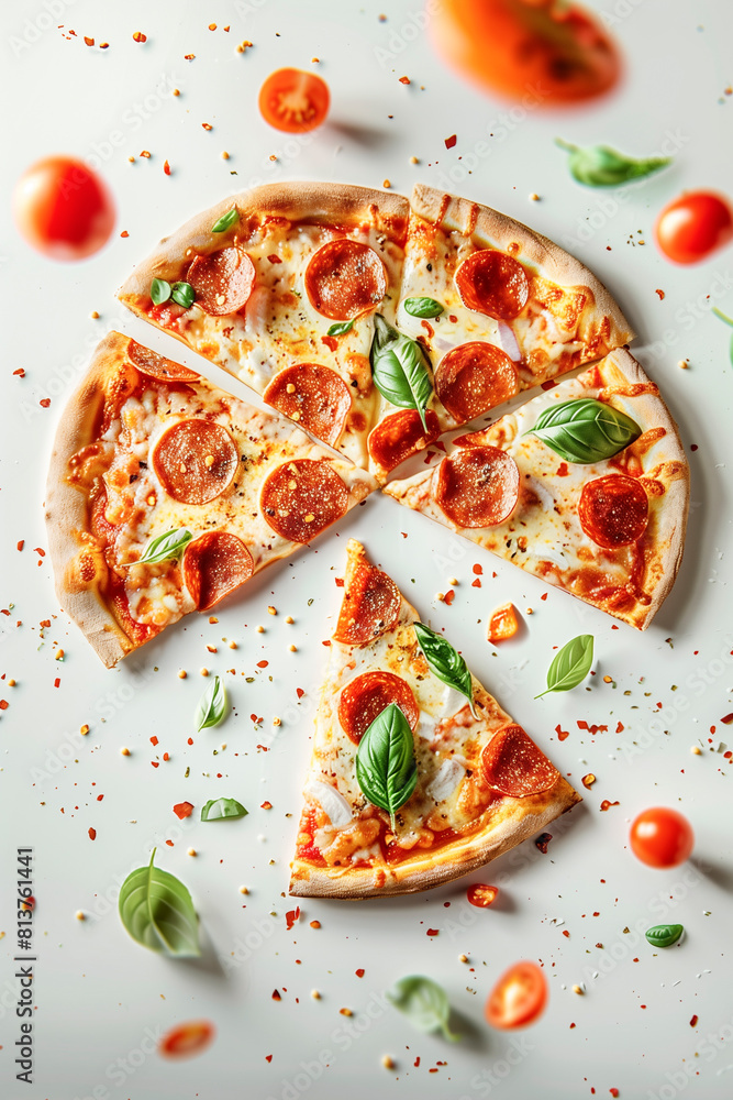 Hot piece of pepperoni pizza floating in the air, on a white background Hot piece of pepperoni pizza floating in the air, on a white background