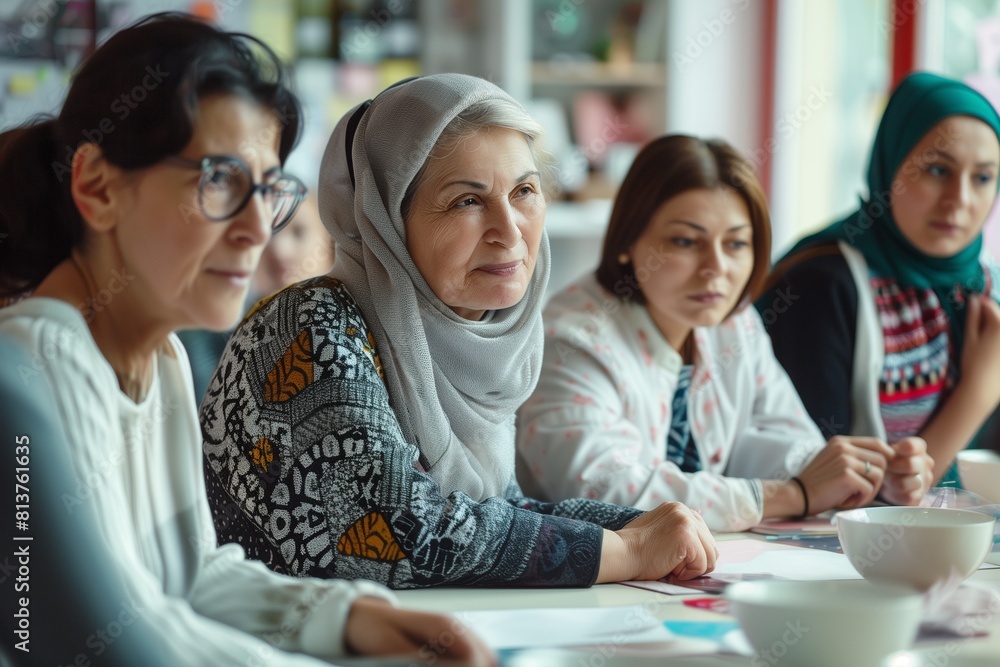 Mixed group of women sitting at a table, AI-generated. Mixed group of women sitting at a table, AI-generated.