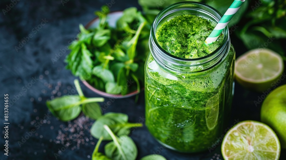 Green smoothie with a straw in a mason jar surrounded by greens and limes on black background Green smoothie with a straw in a mason jar surrounded by greens and limes on black background