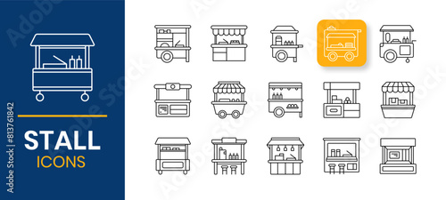 Obraz na płótnie Food stall vendor icons set design. Street food booth event fair. Commercial counter product. Outline style illustration. w salonie