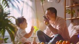 Young working father talking on the phone while babysitting his playful daughter at home : Generative AI