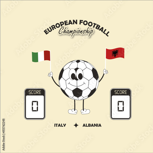 European Football Championship. Match between Italy and Albania. Balloon character holding the flags of both countries. Determinate pointage. For game bets. illustration for matches. Forecast