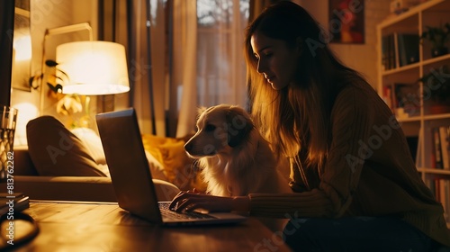 Businesswoman working on laptop computer sitting at home with a dog pet and managing her business via home office during Coronavirus or Covid19 quarantine : Generative AI