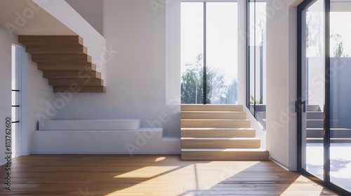 Contemporary home with minimal furnishings and decor light wood floor stairs white walls large windows with black frames and simple style   Generative AI
