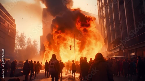 Scene of explosions in the city, People running away, escaping, shocked, traffic jams, Disaster, end of the world, The background is a building that caught fire	 photo