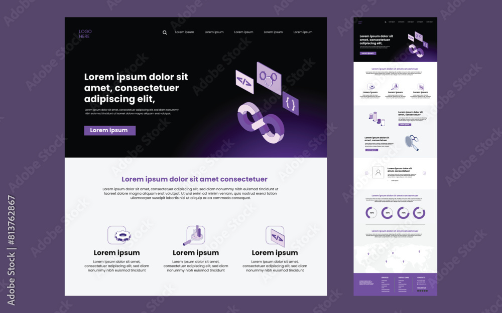 Naklejka premium DevOps website home page design template. DevOps company isometric landing page. Web banner template.