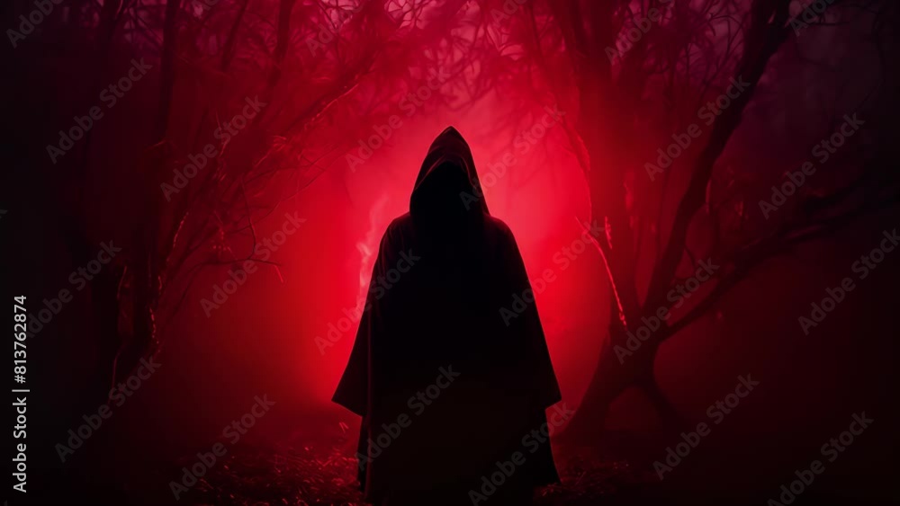 Woman wizards a red hodded cloak casting black magic spells in a misty old and evil, set on a magic space background smokey Woman wizards a red hodded cloak casting black magic spells in a misty old and evil, set on a magic space background smokey