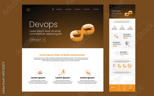 DevOps website home page design template. DevOps company isometric landing page. Web banner template.