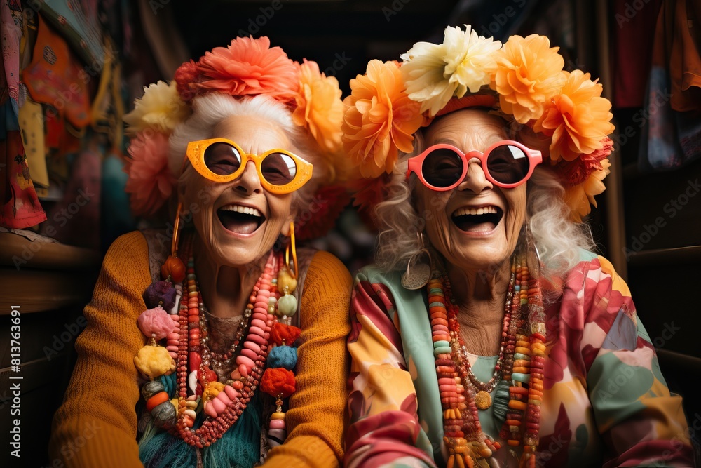Two old happy women dressed in bright clothes having fun in an amusement park, Two old happy women dressed in bright clothes having fun in an amusement park,