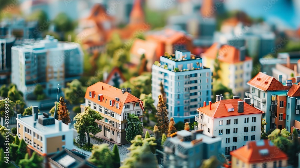 Tilt-shift miniature-style photo of a colorful model cityscape with various buildings and trees. 