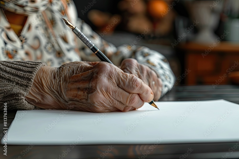 An elderly woman is writing on a piece of paper with a pen. Concept of ...