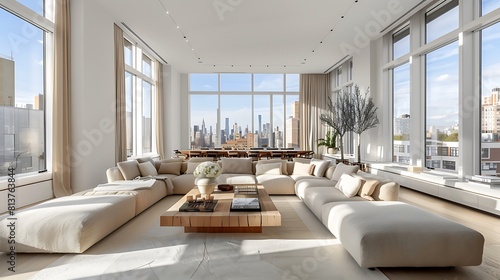 A large living room with floor-to-ceiling windows white walls and ceiling a beige sofa in the center with a low wooden coffee table in front 