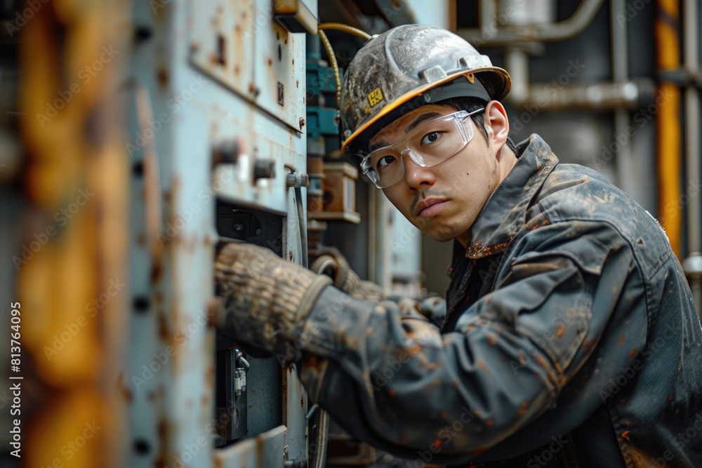 A man in a hard hat and safety glasses is working on a machine. He is wearing a black jacket and gloves A man in a hard hat and safety glasses is working on a machine. He is wearing a black jacket and gloves