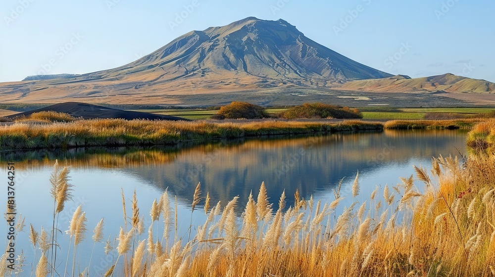   A lake surrounded by tall grass and a distant mountain range with scattered clouds overhead