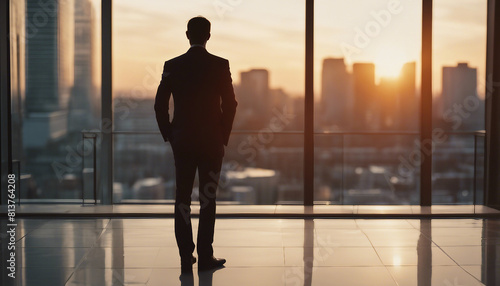back silhouette of a businessman watching the sunset with his hands in his pockets on the terrace 