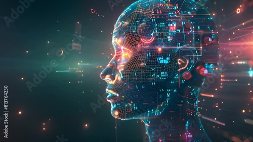A graphic visualisation of a human head overlaid with digital data and network symbols indicating artificial intelligence.