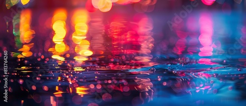 A fuzzy setting of vivid illumination is developed by the reflection over vivid colored lights over the surfaces of the water and space, Generative AI.