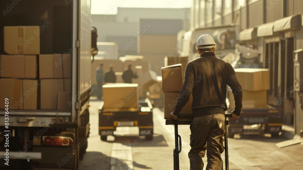 A worker maneuvers a hand truck stacked with boxes in an alley, surrounded by delivery trucks and more parcels, suggesting a busy urban logistics operation.
