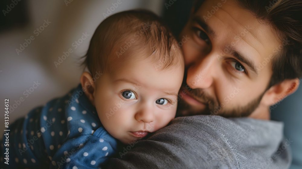 A charming close-up photo of a father and his alert baby in a polka dot outfit, showcasing their strong emotional bond A charming close-up photo of a father and his alert baby in a polka dot outfit, showcasing their strong emotional bond