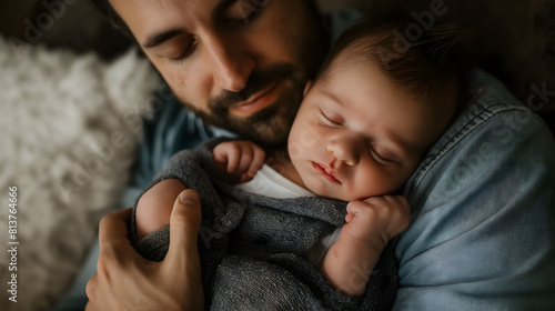 A touching photo of a father lovingly holding his sleeping baby, both wrapped in a soft, textured blanket, conveying warmth and security