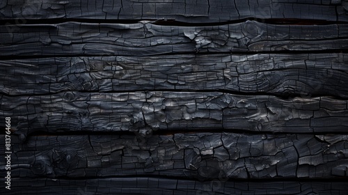 Burnt black wood texture. Charred charcoal. A wall made of damaged, scorched boards. Grunge template for design. photo
