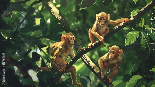 Family of playful monkeys swinging from tree to tree, their antics bringing life to the dense jungle canopy. photo