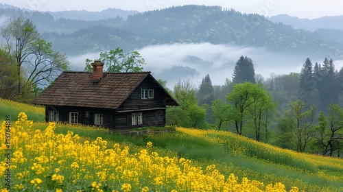  A house perched atop a verdant hill overlooking a lush green landscape dotted with trees and vibrant yellow blossoms