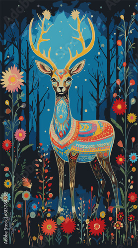 Majestic Deer with Intricate Patterns Surrounded by Vibrant Flowers in Night Scene