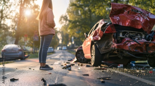 A person standing by a severely damaged car after an accident, with debris on the road and another car passing by in the background. photo