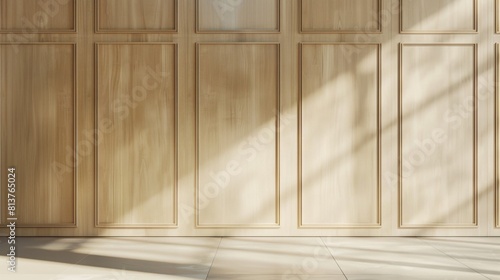 Fototapeta Naklejka Na Ścianę i Meble -  Beige wooden wall interior panels. Classic luxury moldings. Mockup with modern background.