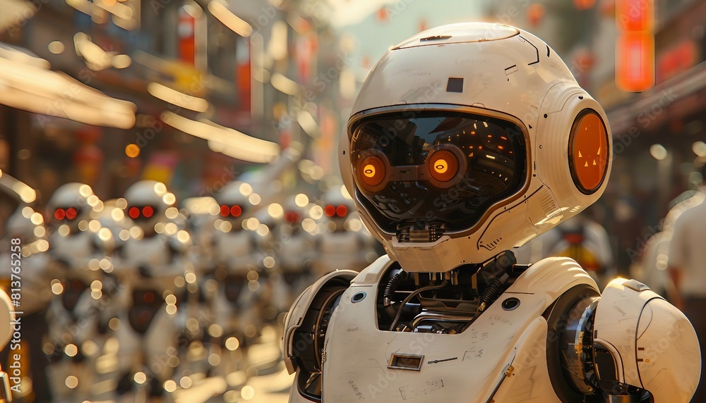 Fototapeta premium AI Helpdesk Heroes, An army of friendly AI robots, each equipped with specialized tools, 