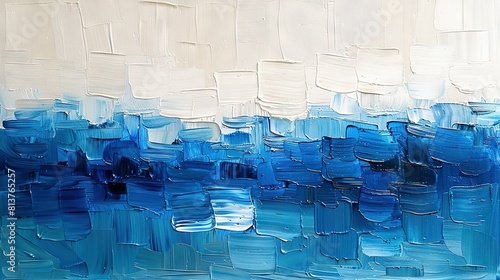  A painting of blue and white on a white and blue canvas with a white rectangle centrally positioned