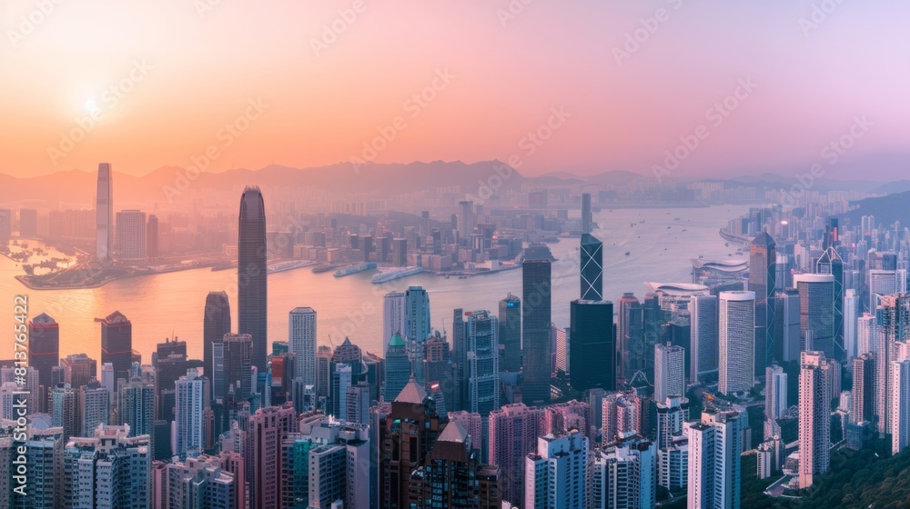 An aerial view of Hong Kong's skyline at sunset with a palette of warm hues highlighting the dense urban architecture against the backdrop of the harbor.