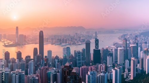 An aerial view of Hong Kong s skyline at sunset with a palette of warm hues highlighting the dense urban architecture against the backdrop of the harbor.