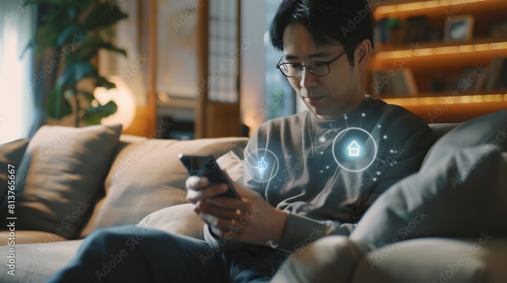 asian man sitting on sofa and using smart home control app on mobile phone with augmented reality view of IOT connected objects in apartment : Generative AI asian man sitting on sofa and using smart home control app on mobile phone with augmented reality view of IOT connected objects in apartment : Generative AI